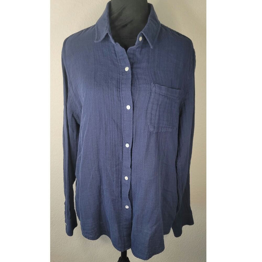 100% Organic Cotton Guazy Long Sleeve Blue Button-down Top Natural Shell Buttons - Picture 2 of 10